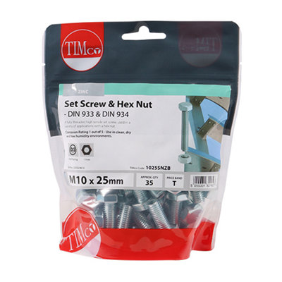 Timco - Set Screws & Hex Nuts - Grade 8.8 - Zinc (Size M10 x 25 - 35 Pieces)