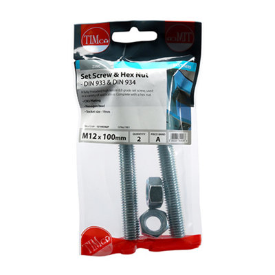 Timco - Set Screws & Hex Nuts - Grade 8.8 - Zinc (Size M12 x 100 - 2 Pieces)