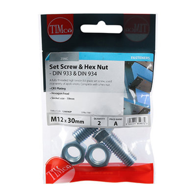 Timco - Set Screws & Hex Nuts - Grade 8.8 - Zinc (Size M12 x 30 - 2 Pieces)
