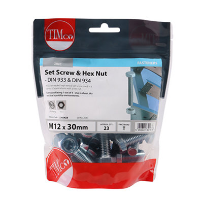 Timco - Set Screws & Hex Nuts - Grade 8.8 - Zinc (Size M12 x 30 - 23 Pieces)