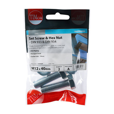 Timco - Set Screws & Hex Nuts - Grade 8.8 - Zinc (Size M12 x 40 - 2 Pieces)