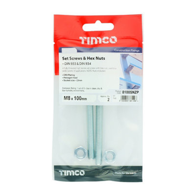 Timco - Set Screws & Hex Nuts - Grade 8.8 - Zinc (Size M8 x 100 - 2 Pieces)
