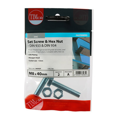 Timco - Set Screws & Hex Nuts - Grade 8.8 - Zinc (Size M8 x 40 - 2 Pieces)