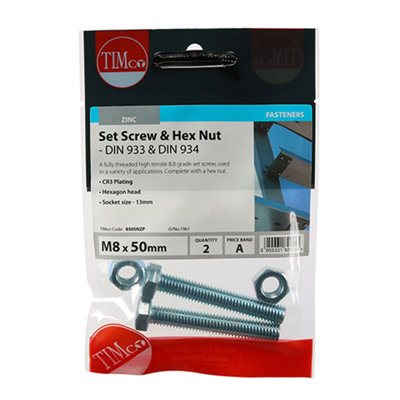 Timco - Set Screws & Hex Nuts - Grade 8.8 - Zinc (Size M8 x 50 - 2 Pieces)