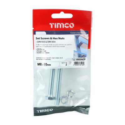 Timco - Set Screws & Hex Nuts - Grade 8.8 - Zinc (Size M8 x 80 - 2 Pieces)