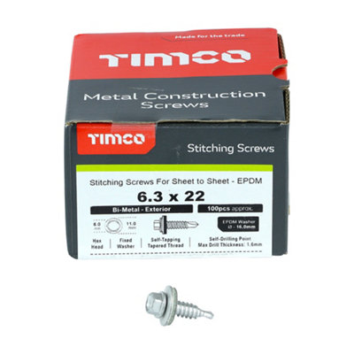 TIMCO Sheet Steel Stitching Screws A2 Stainless Steel Bi-Metal with EPDM Washer - 6.3 x 22 (100pcs)