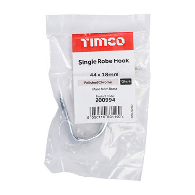 Timco - Single Robe Hook - Polished Chrome (Size 44 x 18mm - 1 Each)
