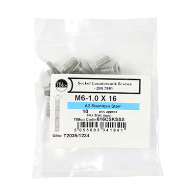 Timco - Socket Screws - Countersunk - A2 Stainless Steel (Size M6 x 16 - 10 Pieces)