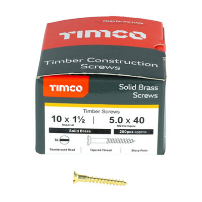 TIMCO Solid Brass Countersunk Woodscrews - 10 x 1 1/2 (200pcs)