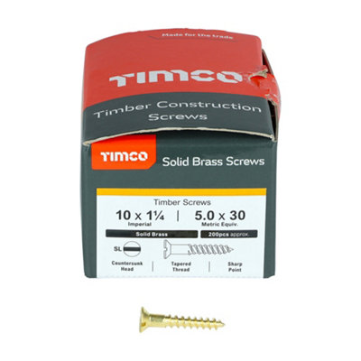 TIMCO Solid Brass Countersunk Woodscrews - 10 x 1 1/4 (200pcs)
