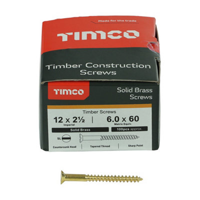 TIMCO Solid Brass Countersunk Woodscrews - 12 x 2 1/2 (100pcs)