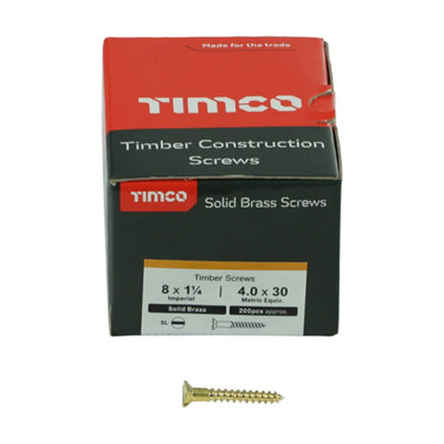 TIMCO Solid Brass Countersunk Woodscrews - 8 x 1 1/4 (200pcs)