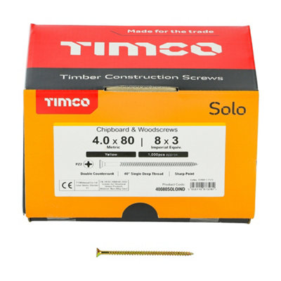 TIMCO Solo Countersunk Gold Woodscrews - 4.0 x 80 (1000pcs) - 5