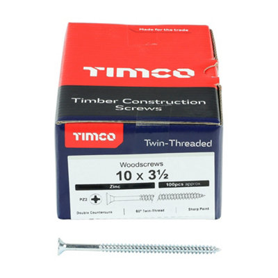 TIMCO Twin-Threaded Countersunk Silver Woodscrews - 10 x 3 1/2 (100pcs)