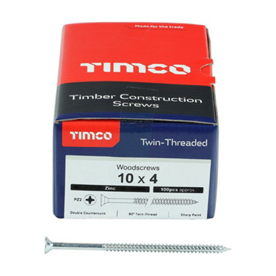 TIMCO Twin-Threaded Countersunk Silver Woodscrews - 10 x 4 (100pcs)