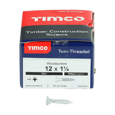 TIMCO Twin-Threaded Countersunk Silver Woodscrews - 12 x 1 1/4 (200pcs)
