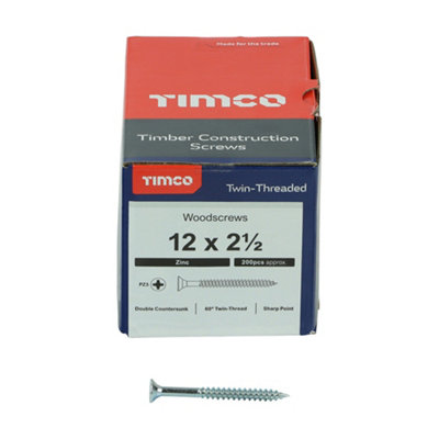 TIMCO Twin-Threaded Countersunk Silver Woodscrews - 12 x 2 1/2 (200pcs)