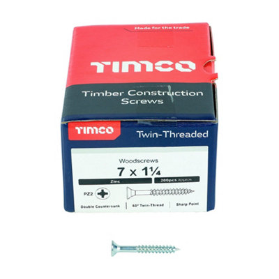 TIMCO Twin-Threaded Countersunk Silver Woodscrews - 7 x 1 1/4 (200pcs)