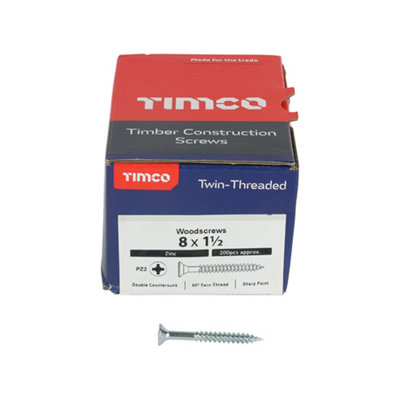TIMCO Twin-Threaded Countersunk Silver Woodscrews - 8 x 1 1/2 (200pcs)
