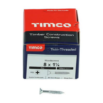 TIMCO Twin-Threaded Countersunk Silver Woodscrews - 8 x 1 1/4 (200pcs)