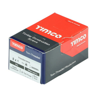 TIMCO Twin-Threaded Countersunk Silver Woodscrews - 8 x 1 (200pcs)