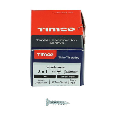 TIMCO Twin-Threaded Countersunk Silver Woodscrews - 8 x 1 (200pcs)