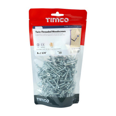 TIMCO Twin-Threaded Countersunk Silver Woodscrews - 8 x 11/4 (390pcs)