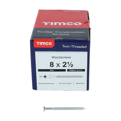 TIMCO Twin-Threaded Countersunk Silver Woodscrews - 8 x 2 1/2 (200pcs)