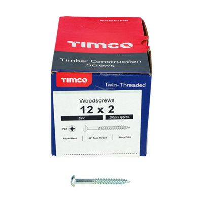 TIMCO Twin-Threaded Round Head Silver Woodscrews - 12 x 2 (200pcs)