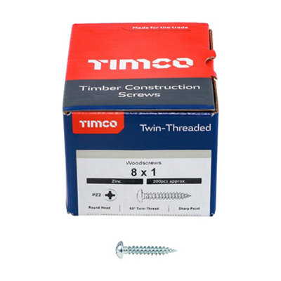 TIMCO Twin-Threaded Round Head Silver Woodscrews - 8 x 1 (200pcs)