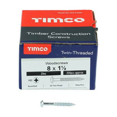 TIMCO Twin-Threaded Round Head Silver Woodscrews - 8 x 11/2 (200pcs)