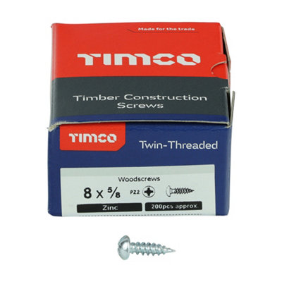 TIMCO Twin-Threaded Round Head Silver Woodscrews - 8 x 5/8 (200pcs)
