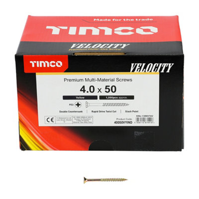 Timco - Velocity Premium Multi-Use Screws - PZ - Double Countersunk - Yellow (Size 4.0 x 50 - 1000 Pieces)