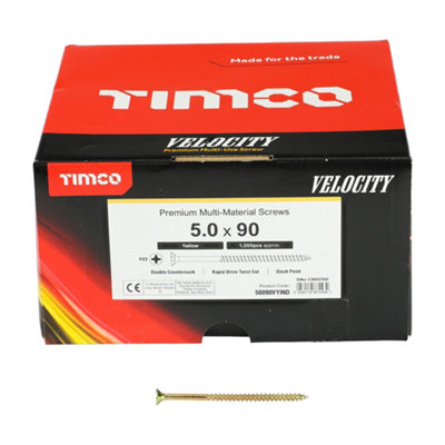 Timco - Velocity Premium Multi-Use Screws - PZ - Double Countersunk - Yellow (Size 5.0 x 90 - 1000 Pieces) - 5