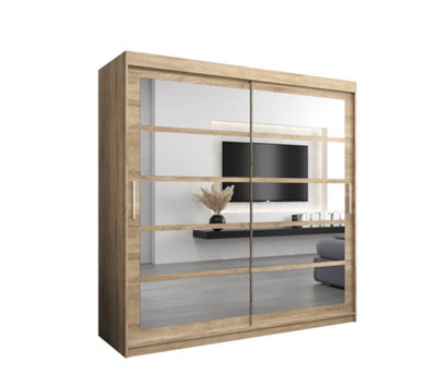 Timeless Oak Sonoma Sliding Door Wardrobe H2000mm W2000mm D620mm with Mirrored Panels and Silver Handles