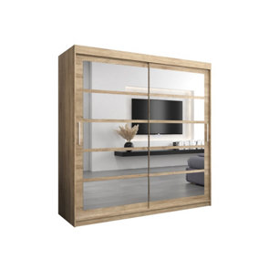 Timeless Oak Sonoma Sliding Door Wardrobe H2000mm W2000mm D620mm with Mirrored Panels and Silver Handles