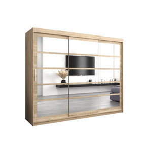 Timeless Oak Sonoma Sliding Door Wardrobe H2000mm W2500mm D620mm with Mirrored Panels and Silver Handles