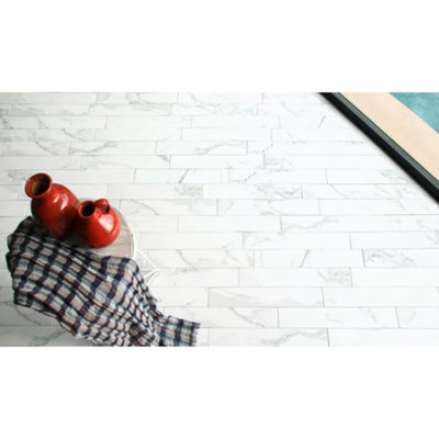 Tinos White Carrara Marble Effect Matt 80mm x 442mm Porcelain Wall & Floor Tiles (Pack of 30 w/ Coverage of 1.06m2)