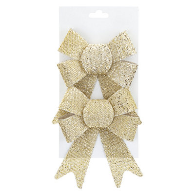 Tinsel Bows Christmas Decoration X 2 13cm x 17cm x 4.5cm Champagne