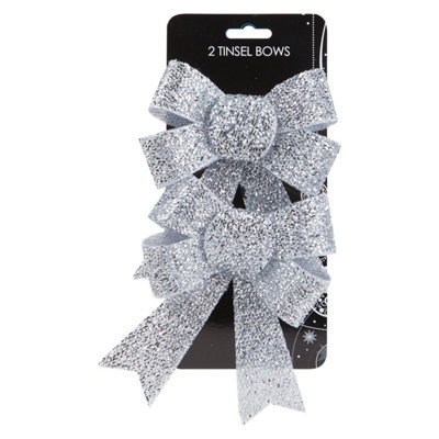 Tinsel Bows Christmas Decoration X 2 13cm x 17cm x 4.5cm Silver