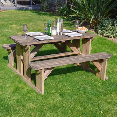 Tinwell 6ft Rounded Picnic Bench - L183 x W150 x H72 cm - Rustic Brown - 3