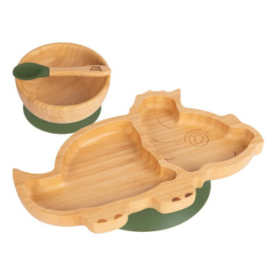 Tiny Dining 3pc Dinosaur Bamboo Suction Dinner Set - Olive Green