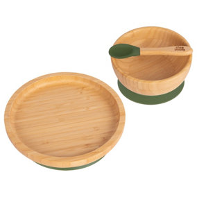 Tiny Dining 3pc Round Bamboo Suction Dinner Set - Olive Green