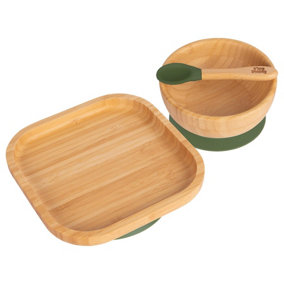Tiny Dining 3pc Square Bamboo Suction Dinner Set - Olive Green