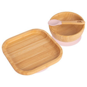 Tiny Dining 3pc Square Bamboo Suction Dinner Set - Pastel Pink