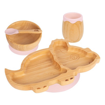 Tiny Dining 4pc Dinosaur Bamboo Suction Baby Feeding Set - Pastel Pink