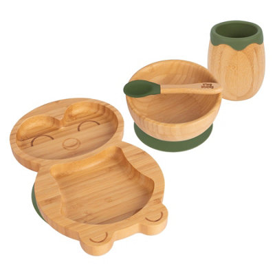 Tiny Dining 4pc Penguin Bamboo Suction Baby Feeding Set - Olive Green