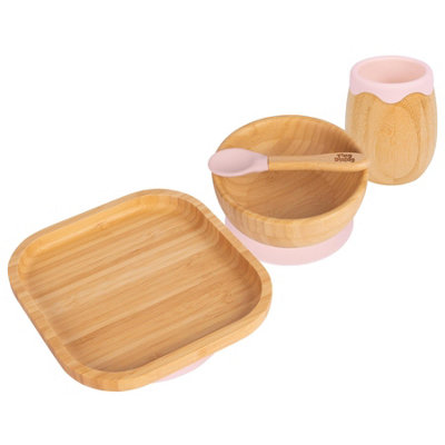 Tiny Dining 4pc Square Bamboo Suction Baby Feeding Set - Pastel Pink