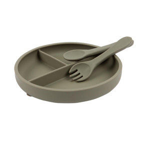 Tiny Dining - Baby Silicone Suction Plate, Fork & Spoon Set - Silver Sage