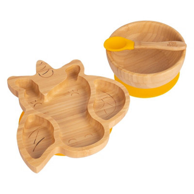 Tiny Dining - Children's Bamboo Suction Unicorn Dinner Set - Yellow